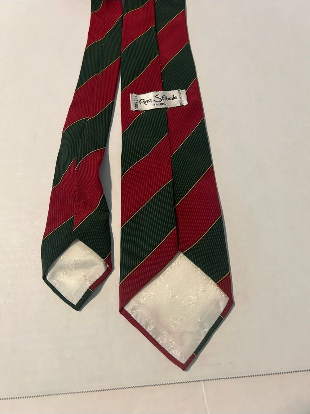 Per Spook Paris Vintage 100% Silk Tie Red Green Gold Striped Made in France